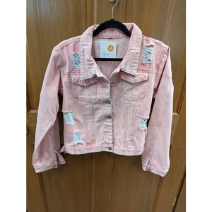 NWT, Distressed Light Pink Denim Jacket | Cropped Jean Jacket | Size Medium
